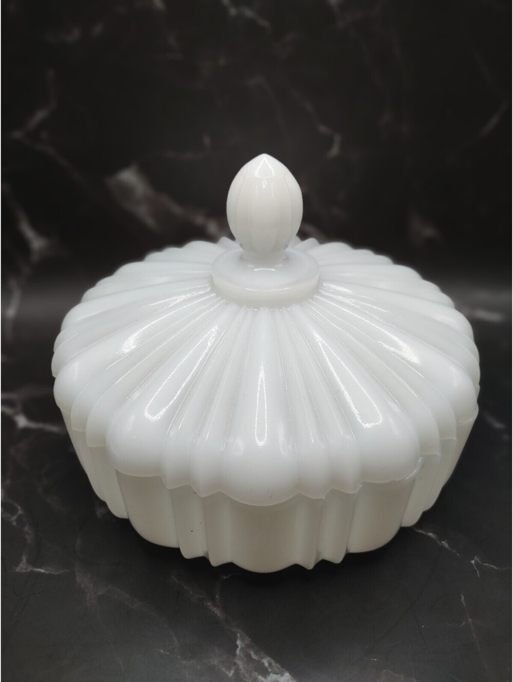 Anchor Hocking Old Cafe white milk glass covered candy or trinket dish
